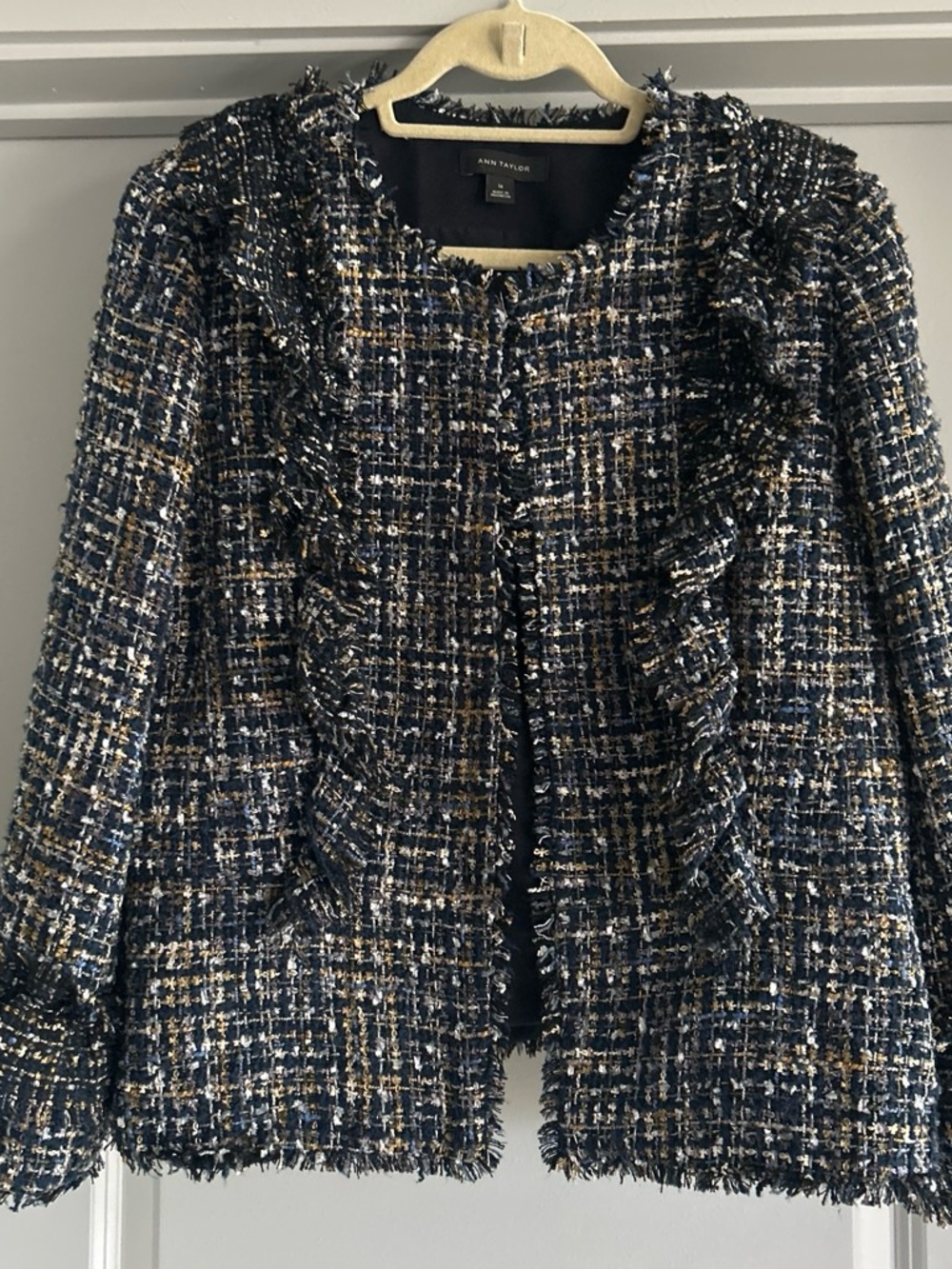 Ann Taylor Navy Tweed Ruffle-Trim Blazer with Cream & Gold Threads
